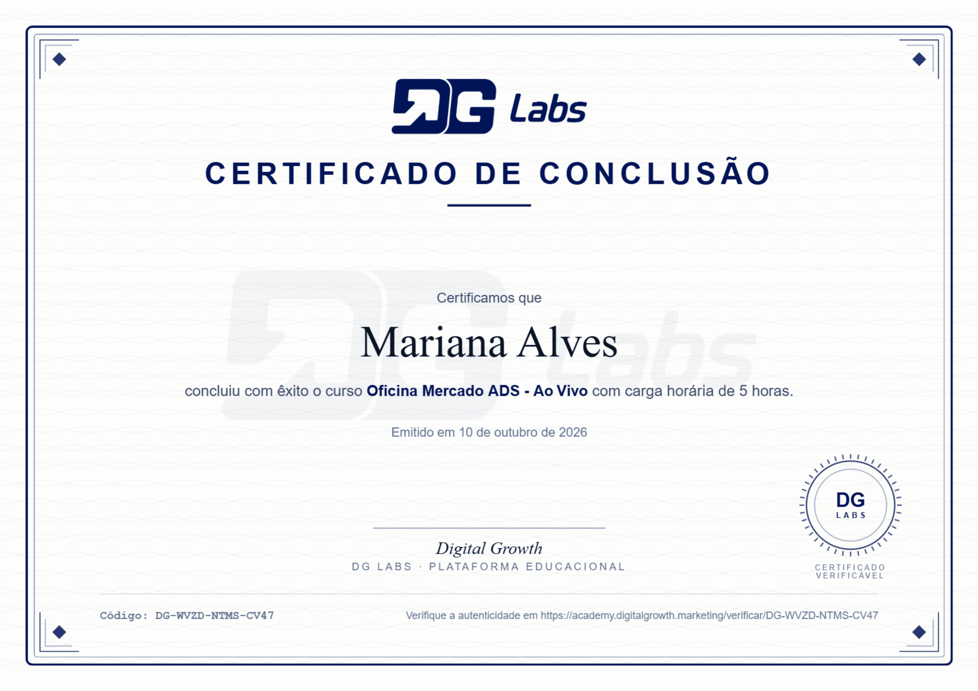 Certificado em PDF com a marca DG LABS, trama de segurança, selo e código de verificação