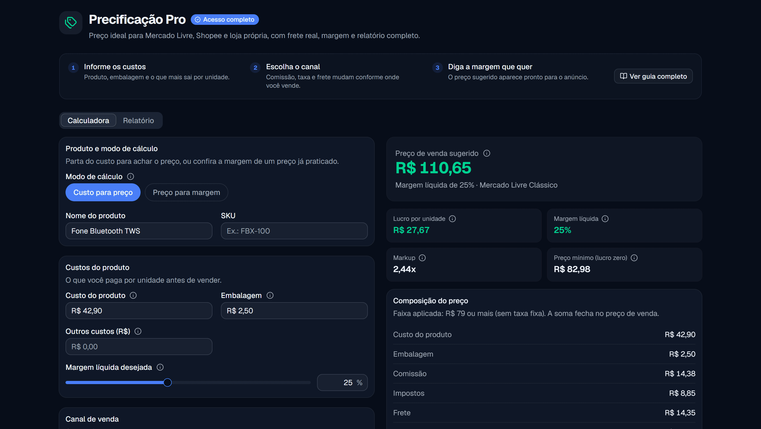 Calculadora de precificação da DG LABS com um fone bluetooth de custo R$ 42,90, mostrando preço sugerido de R$ 110,65 e a composição completa do preço